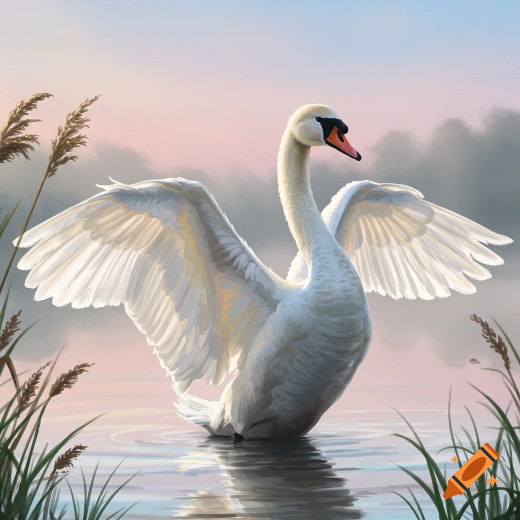 A majestic white swan with spread wings stands in shallow water at sunrise, surrounded by reeds, reflecting on the still surface.