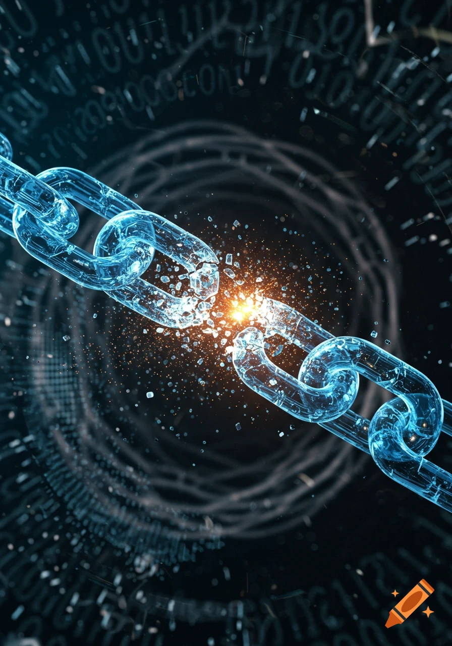 A translucent blue digital chain with one link breaking in a burst of orange light, against a dark background with abstract digital patterns.