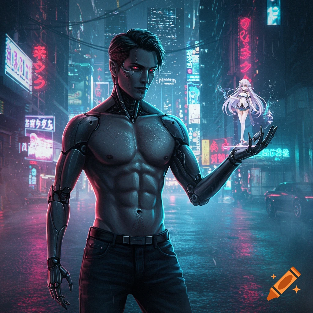 A shirtless cyberpunk vampire with red eyes holds a glowing anime figurine in a neon-lit futuristic city.