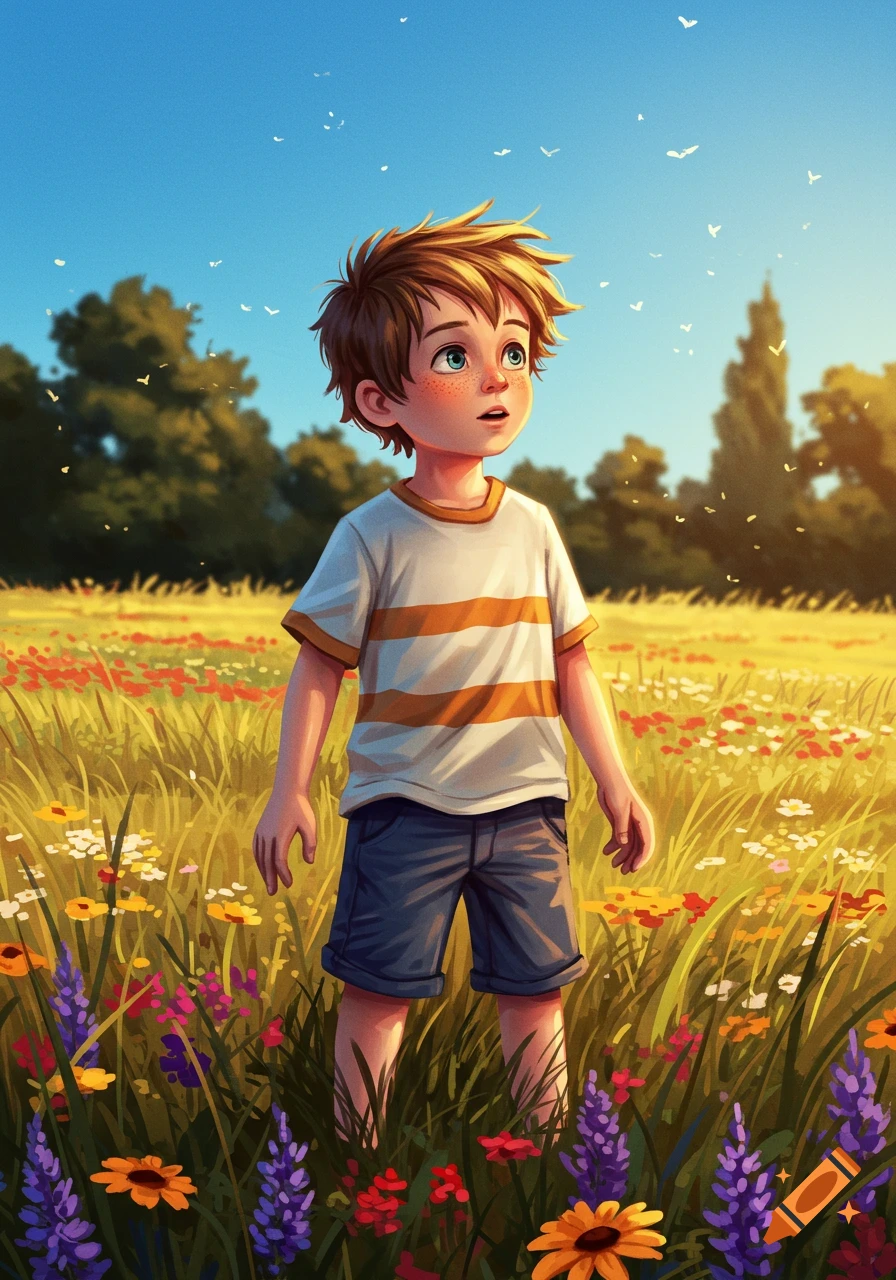 A curious young boy with freckles stands in a vibrant wildflower field under a blue sky, digital illustration.