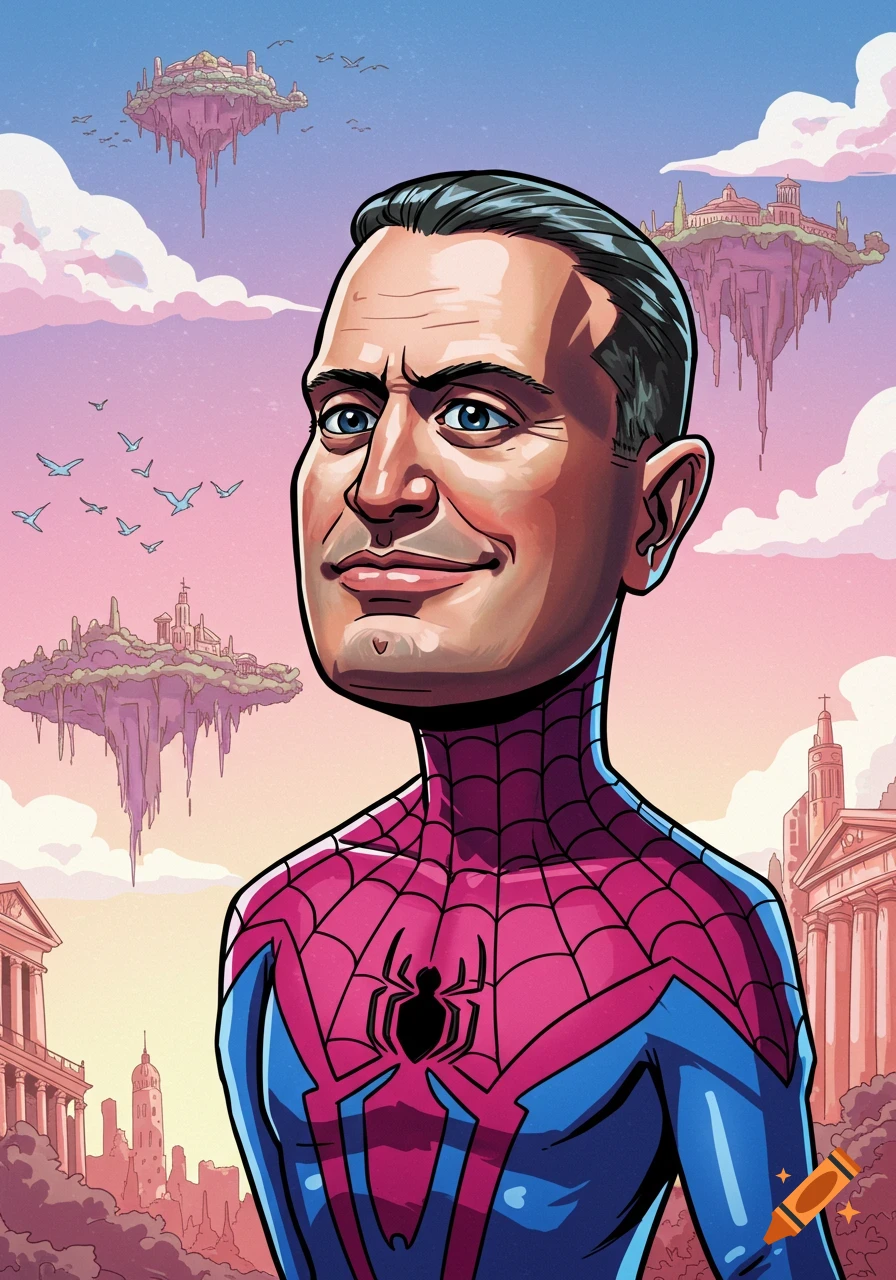 Caricature of Mussolini in a Spider-Man suit, smiling, against a vibrant background with floating islands and city buildings in a lively cartoon style.