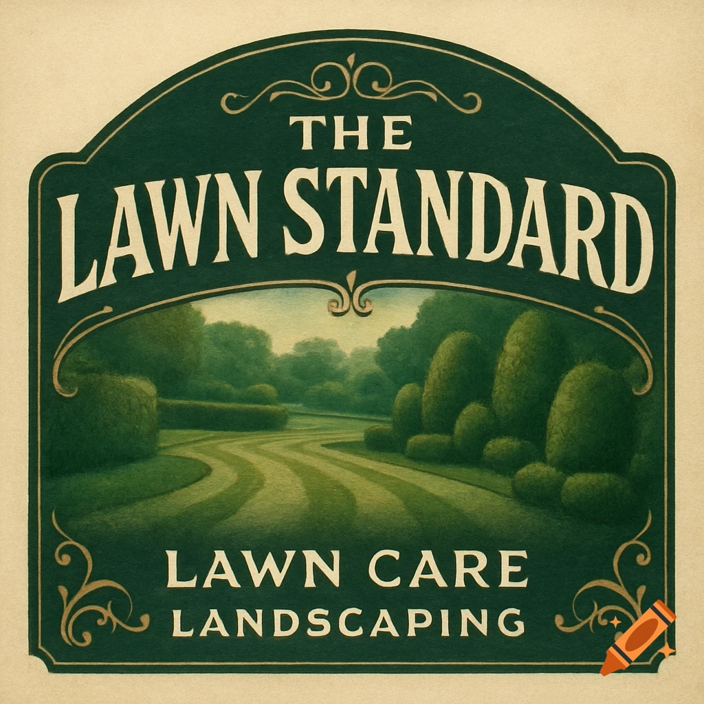 A vintage green and gold logo for 'The Lawn Standard' featuring manicured lawns and 'Lawn Care Landscaping'.