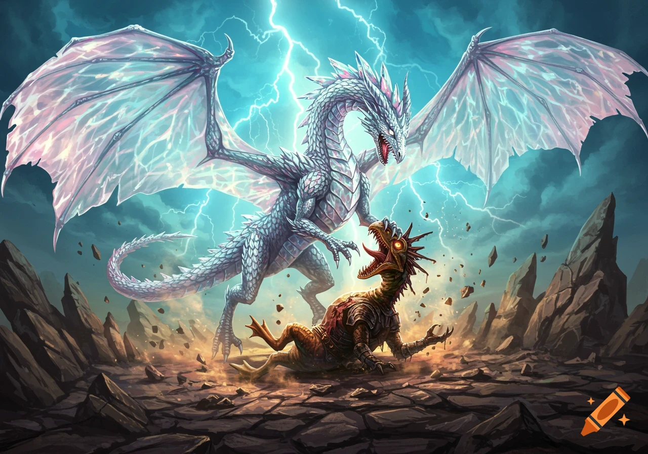 A powerful white diamond dragon with large wings defeats a smaller, brown dinosaur-like creature on cracked ground under a lightning sky.