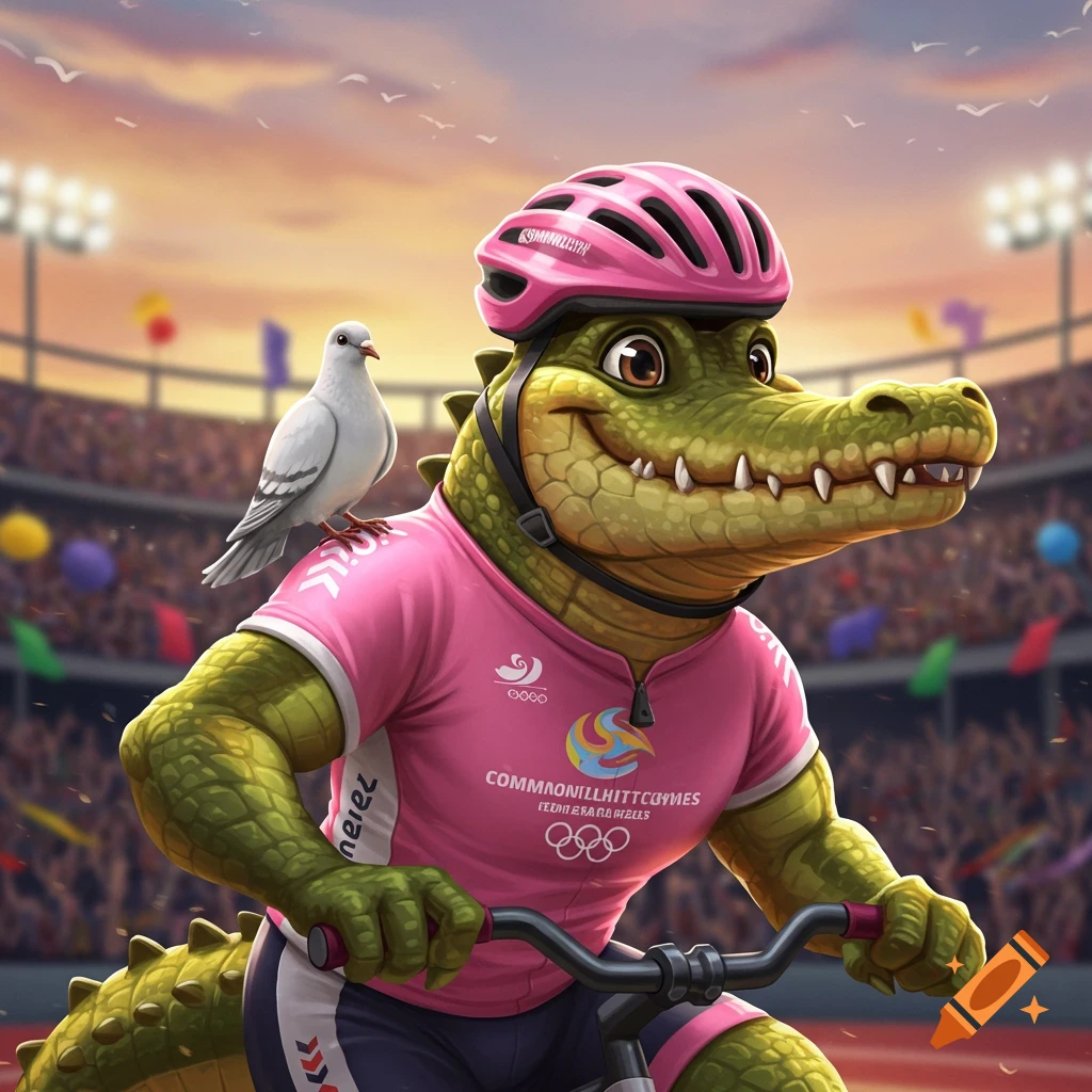 A cartoon alligator mascot in a pink cycling outfit and helmet, with a white dove on its shoulder, on a bike in a stadium.