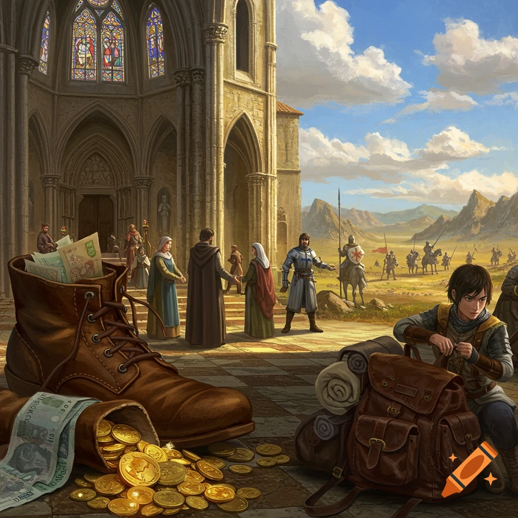 An illustration of a large boot filled with banknotes and spilled gold coins in the foreground, with a medieval church, people, and warriors in a vast landscape.