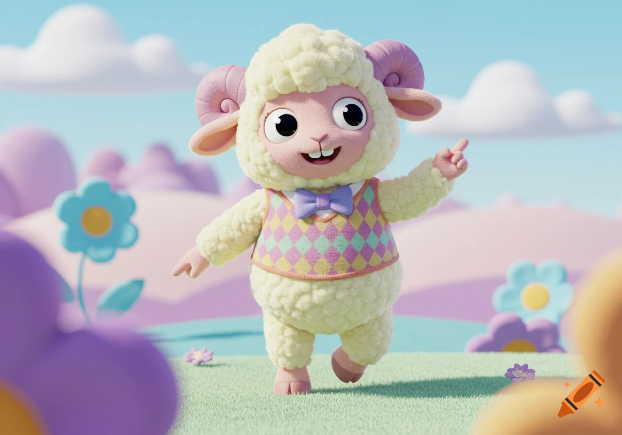 A cute, fluffy cartoon sheep with pink horns, wearing an argyle vest and bow tie, smiles and points in a pastel outdoor scene.