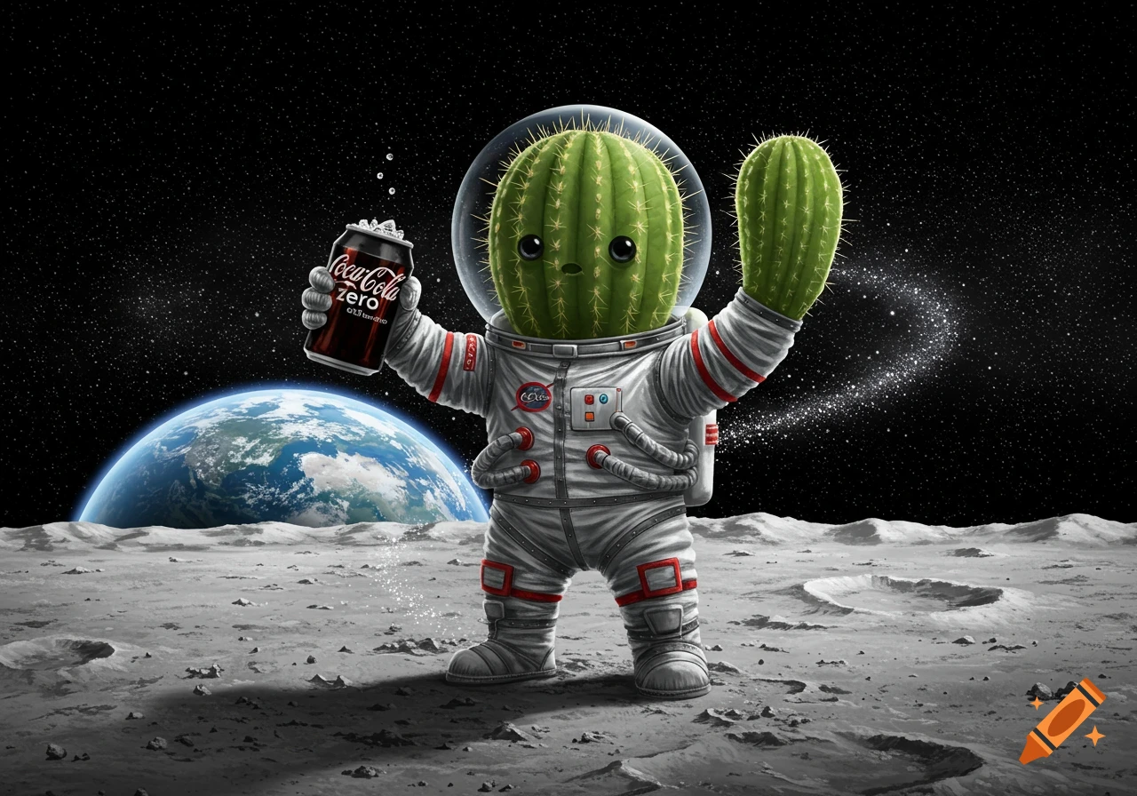 A cute cartoon cactus astronaut in a spacesuit stands on the moon, holding a can of Coca-Cola, with Earth in the background.
