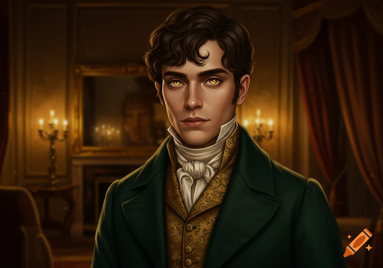 A semi-realistic painting of a young man with dark wavy hair and glowing gold eyes, dressed in a green regency coat and ornate gold waistcoat, looking directly forward in a dimly lit, opulent room.
