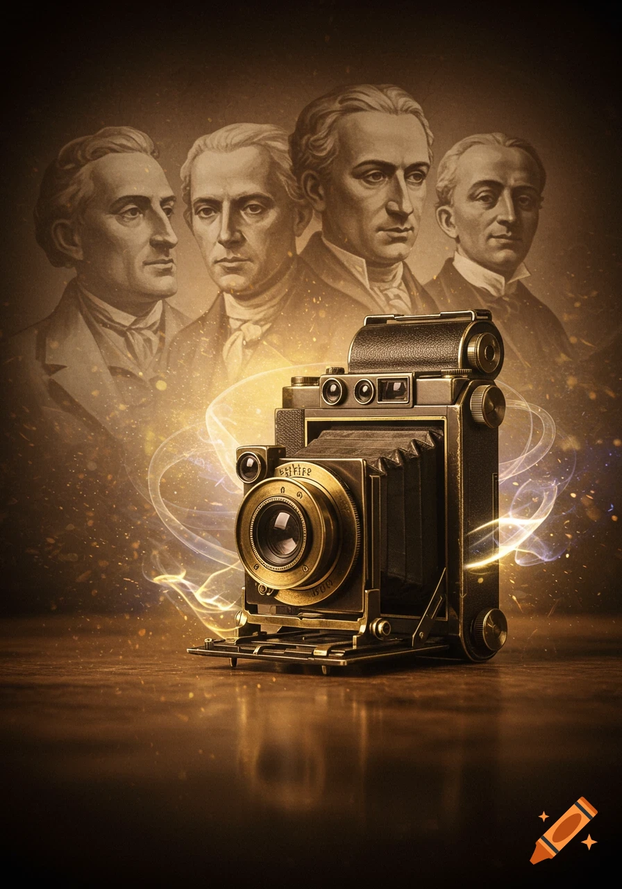 A vintage camera glows with golden light, with four ethereal portraits of historical men in the background. Particles and light trails swirl around the camera.