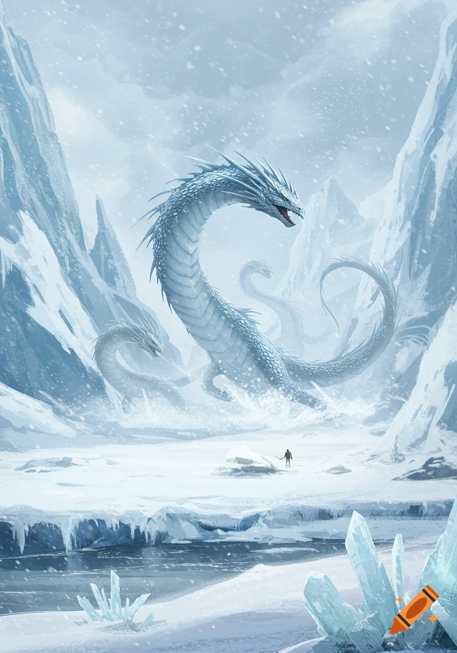 A giant serpentine ice dragon rises from a frozen lake in a snowy, mountainous landscape, a small person in the foreground. Digital art.