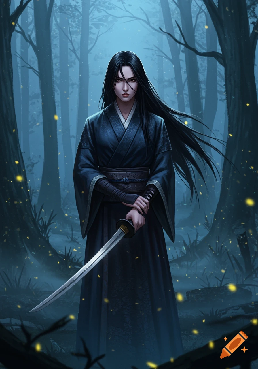 A long-haired female warrior in a dark kimono holds a katana in a misty, moonlit forest, anime style.