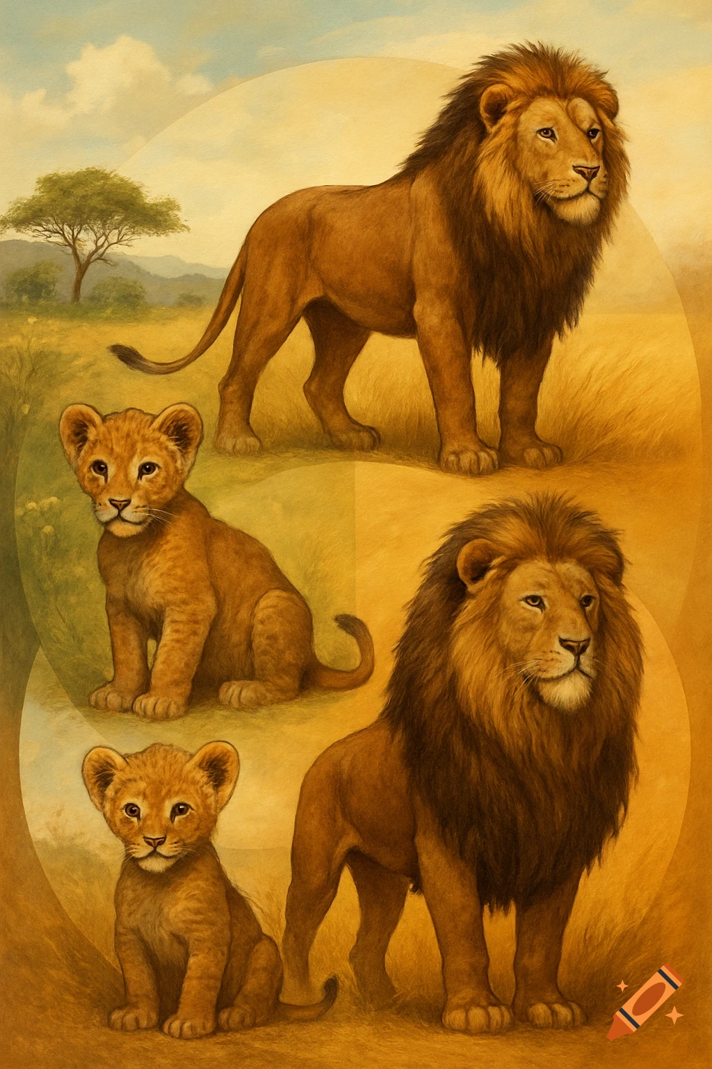 Realistic painting of adult male lions and two lion cubs in a savanna landscape, suggesting an age progression.