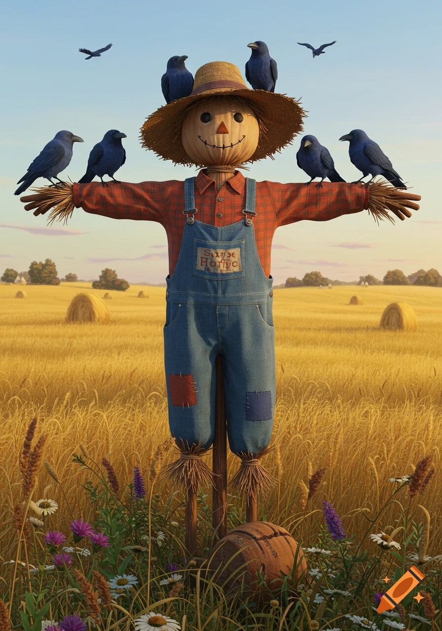 A friendly scarecrow in a straw hat and overalls stands in a golden wheat field with several crows perched on it.