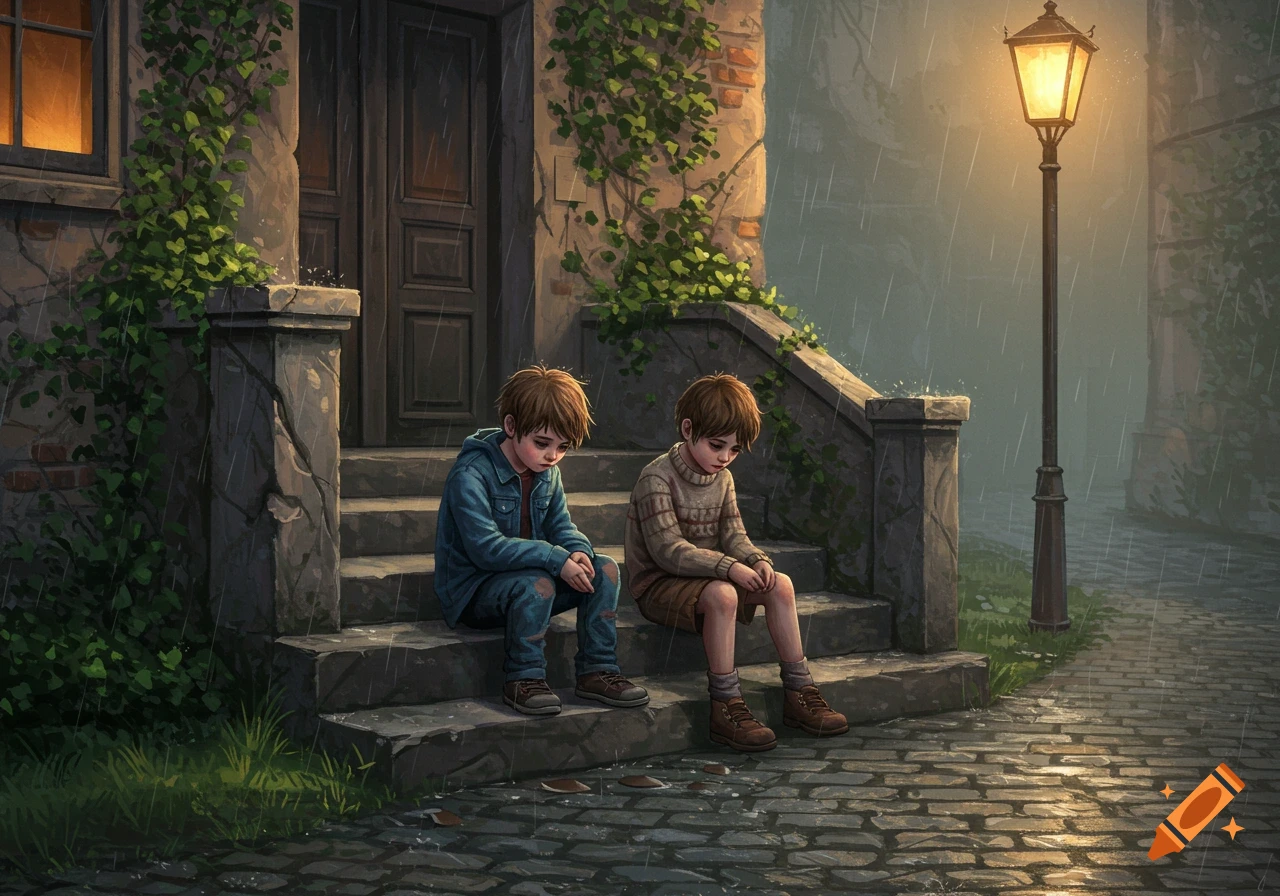 Two sad boys sit on a stoop in the rain at night under a glowing street lamp, illustrated.
