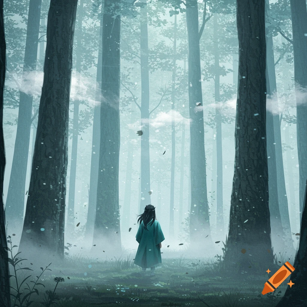 A person in a teal robe stands with their back to the viewer in a misty, dark forest, stylized art.