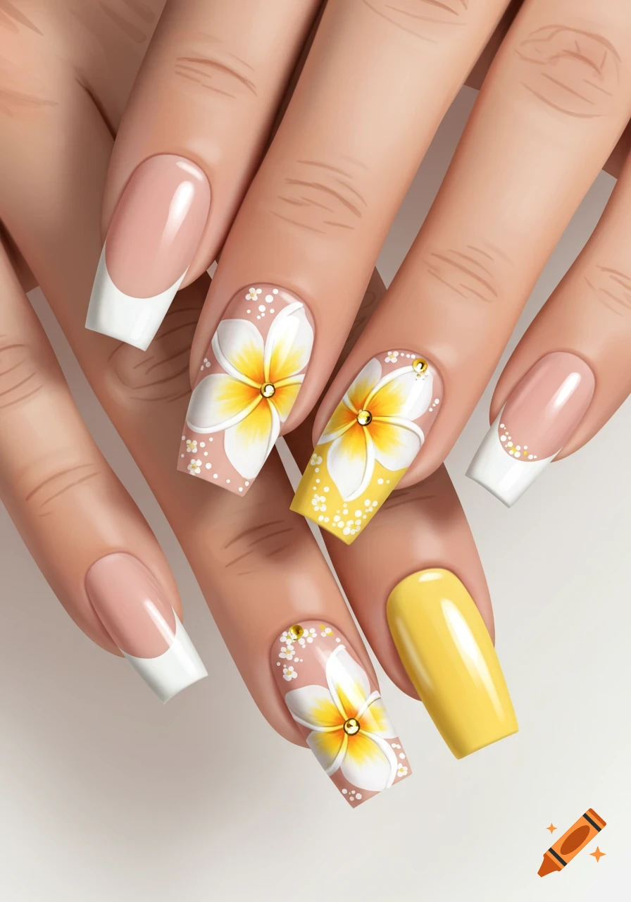 A hand with multiple nails showcasing tropical frangipani flower designs with yellow centers and white petals, alongside classic white French tips and solid yellow polished nails.