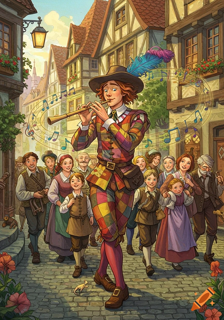 A colorful illustration of the Pied Piper playing a flute and leading a crowd of people down a cobblestone street in an old European town.