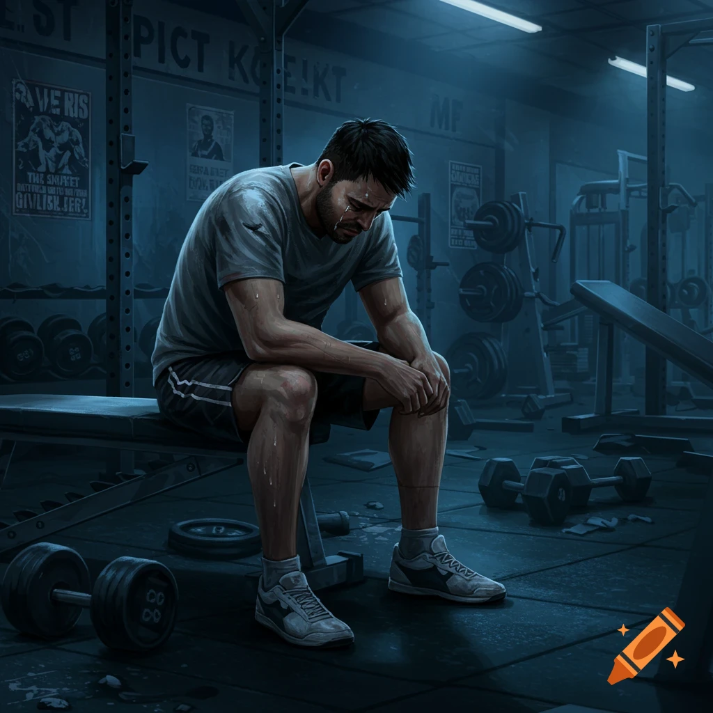 A grieved man sits hunched on a bench in a dimly lit gym, sweat on his face and body. Stylized digital art.