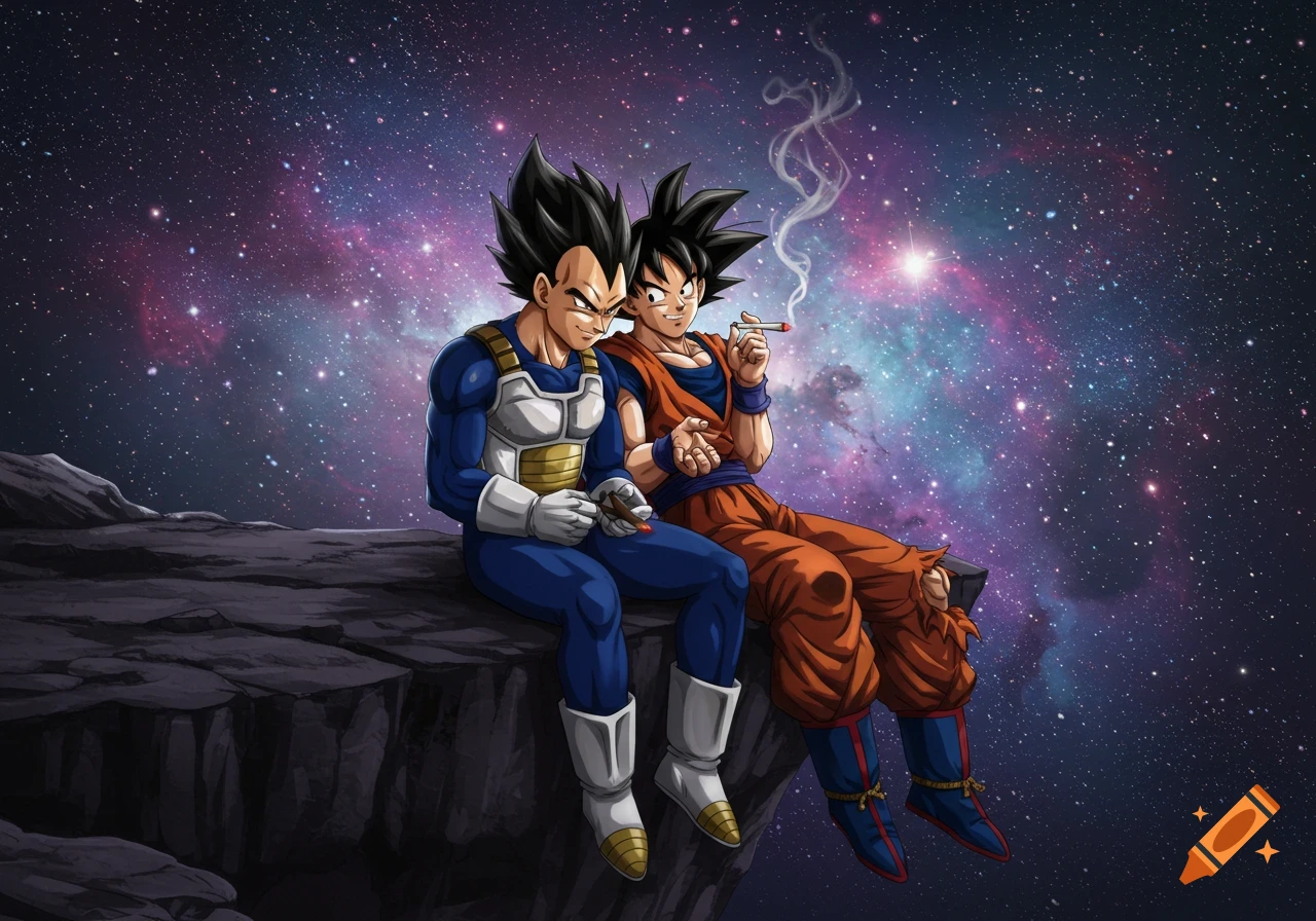 Vegeta and Goku from Dragon Ball Z sit on a rocky cliff in space, smoking blunts, in a colorful cartoon style.