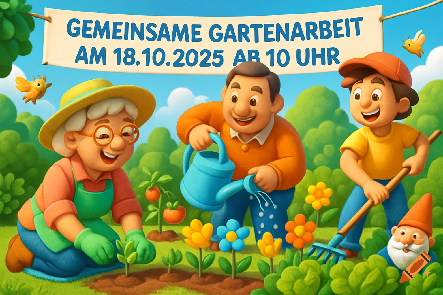 3D cartoon of an older woman, man, and child gardening under a banner that reads 'Gemeinsame Gartenarbeit'.