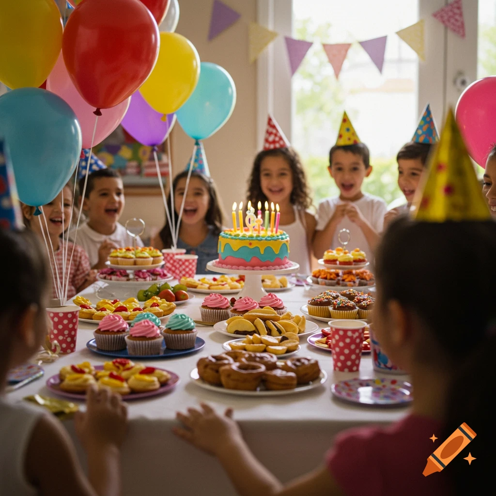 Children smiling around a table laden with a birthday cake, cupcakes, and other treats, surrounded by balloons and party decorations.