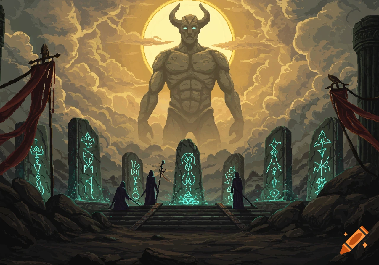 Highly detailed pixel art of robed figures performing a ritual at glowing runic monoliths before a colossal horned titan beneath an eclipse.