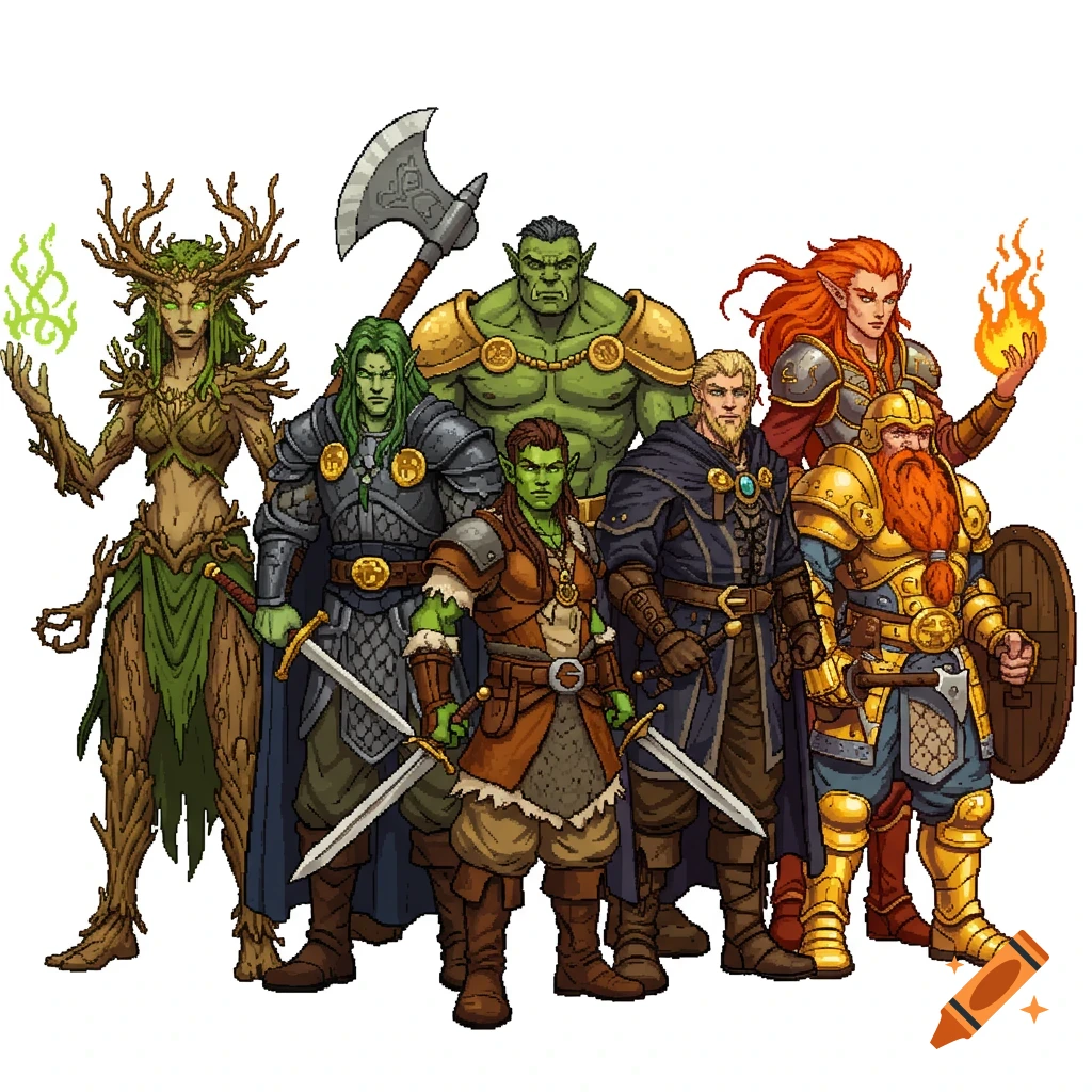 Six detailed pixel art fantasy heroes: a bark-skinned druid, a green orc barbarian, an elf warlock, a viking wanderer, a red-haired elf sorcerer, and a golden-armored dwarf paladin.