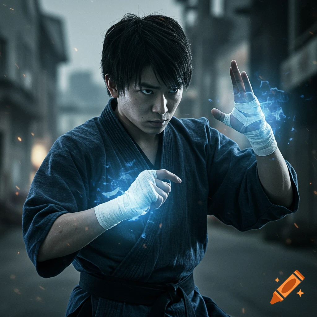 Photorealistic portrait of a Japanese martial artist in a blue gi, with glowing blue energy on his bandaged hands, on a street.