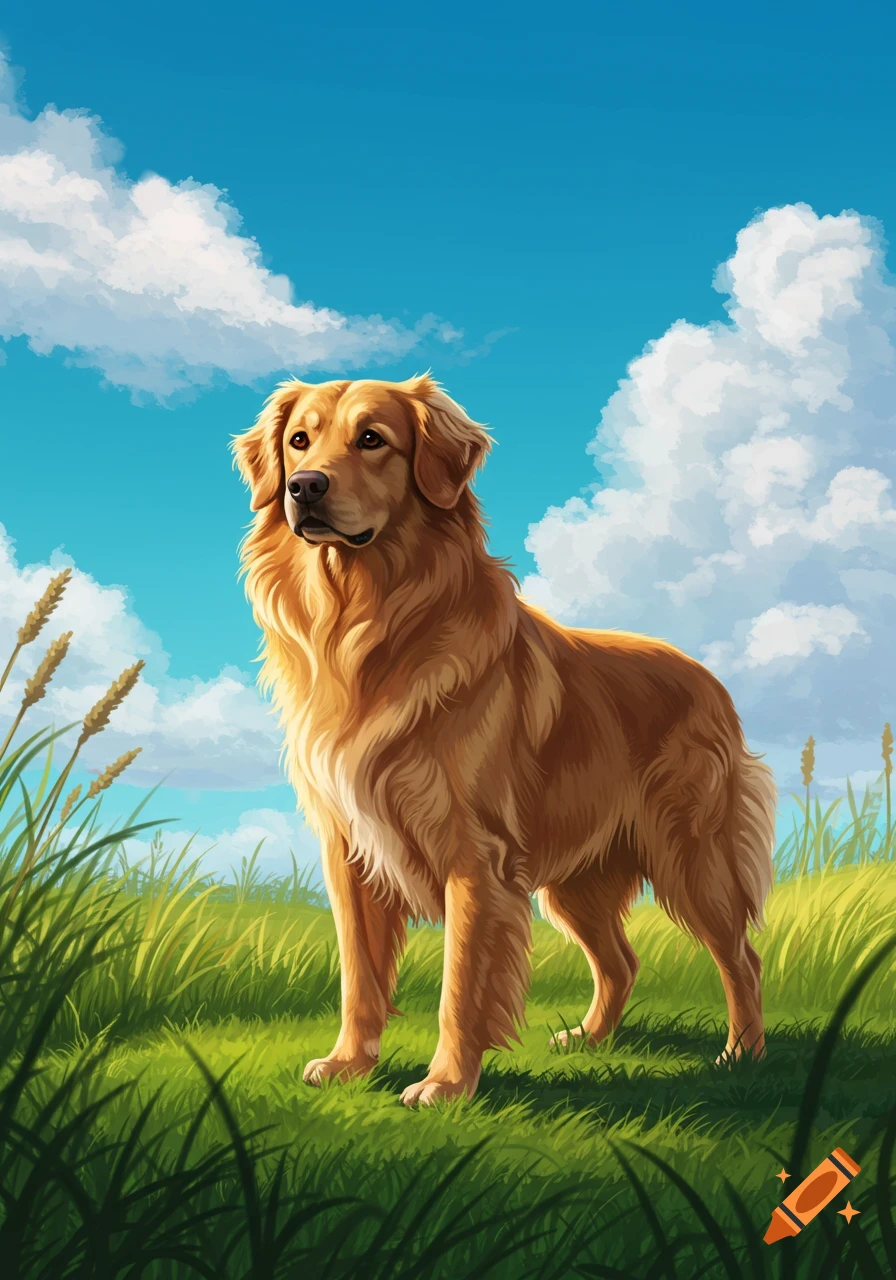 A golden retriever dog stands in a green field under a blue sky with white clouds in an illustrated style.
