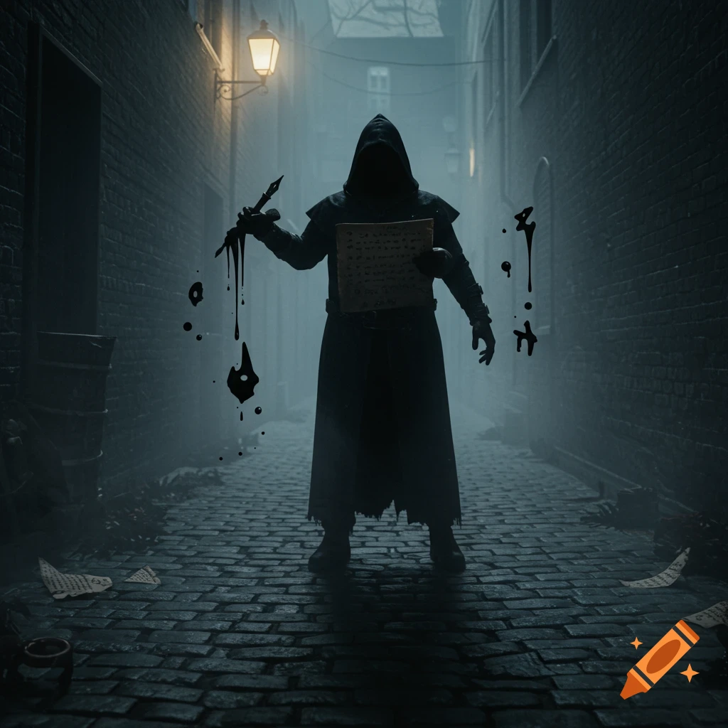 A dark hooded figure in a foggy alley holds a quill dripping black ink onto a document, with eerie lighting.