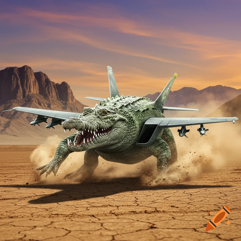 A giant crocodile with fighter jet wings and tail fins runs through a dusty desert, kicking up sand under an orange sky.