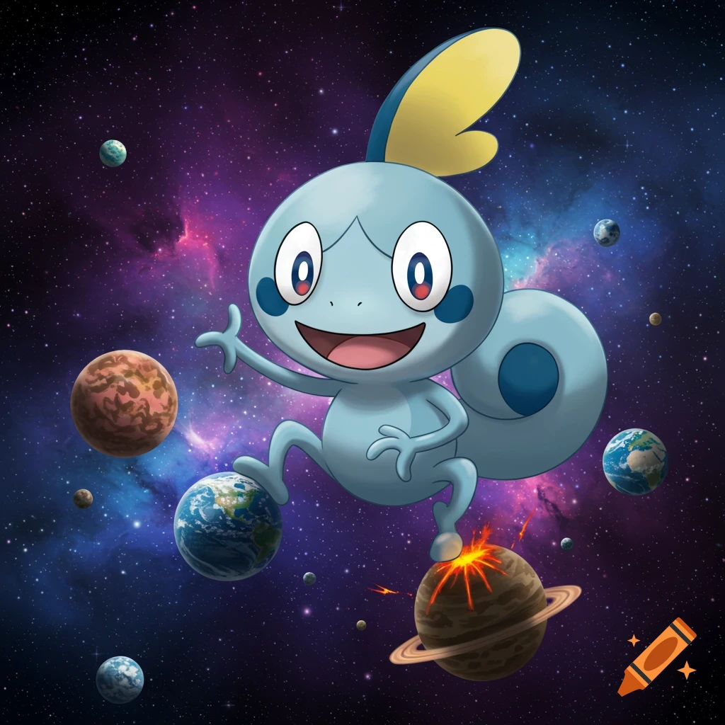 A blue cartoon Pokemon, Sobble, stands on planets in a vibrant galaxy with a happy expression.