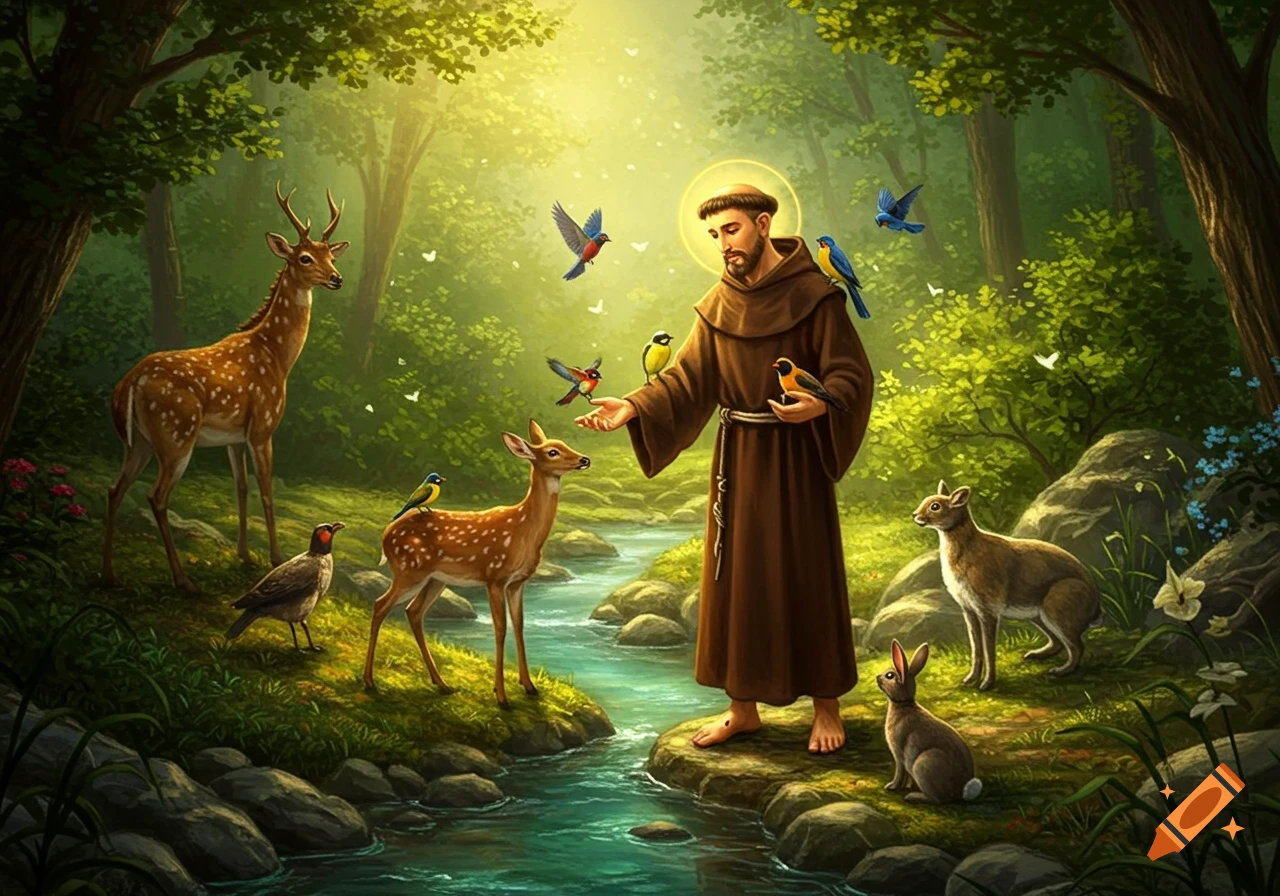 Saint Francis of Assisi stands barefoot by a stream in a lush, sun-dappled forest, surrounded by deer, rabbits, and colorful birds.