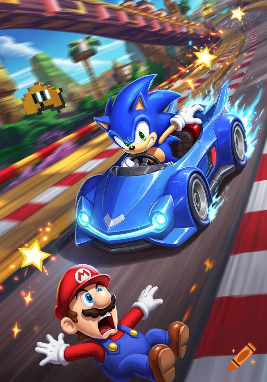 Sonic the Hedgehog drives a blue racing kart at high speed, about to run over a terrified Mario on a vibrant track in a cartoon style.