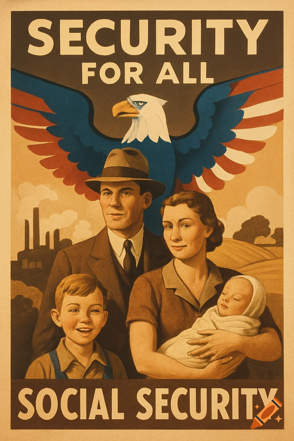 A vintage propaganda poster shows a family (father, mother, son, baby) with an eagle behind them. Text reads 'SECURITY FOR ALL SOCIAL SECURITY'.