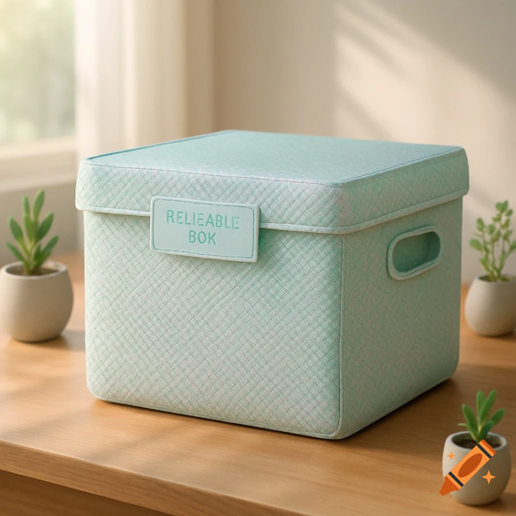 A light green fabric storage box with a label on a wooden table next to small potted plants.