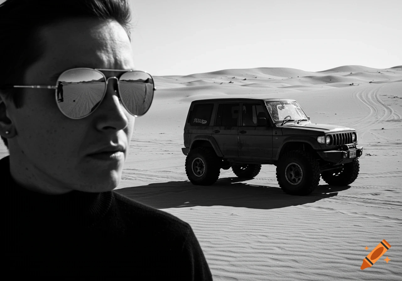 Black and white photorealistic image of a person wearing aviator sunglasses, reflected desert in glasses, next to an off-road vehicle on sand dunes.