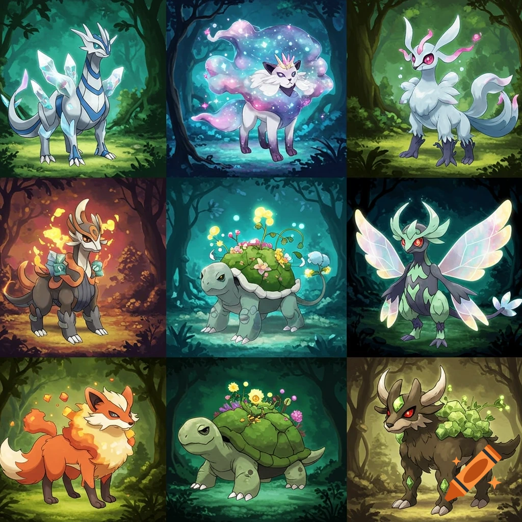 A 3x3 grid displaying nine distinct, colorful fantasy creatures resembling Pokémon in a lush forest setting.