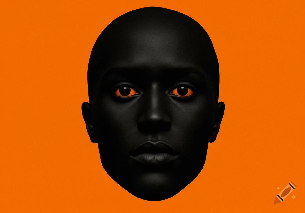 Minimalist abstract portrait of a black face with orange eyes against a solid orange background.