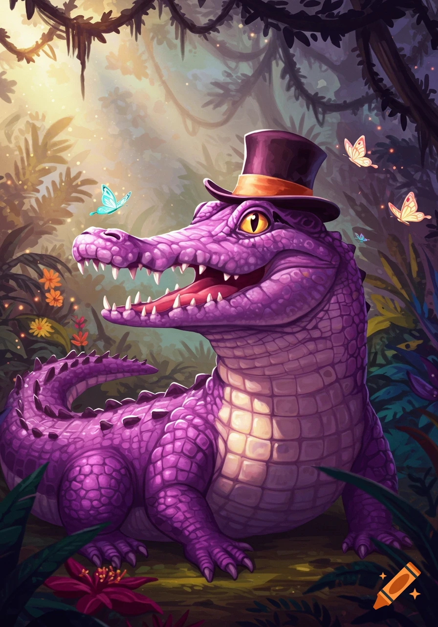 A vibrant purple cartoon crocodile wearing a top hat sits in a lush jungle with glowing butterflies, in an illustration style.