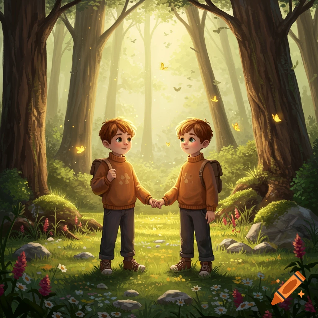 Two identical boys with backpacks, holding hands and smiling in a sunlit, enchanted forest with butterflies.