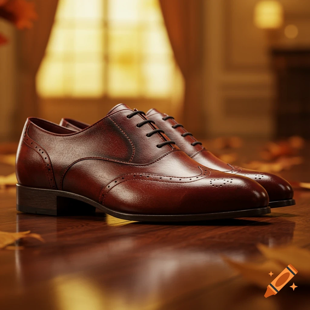 A pair of shiny brown leather oxford shoes sit on a polished wooden floor with blurred autumn leaves and a window in the background.