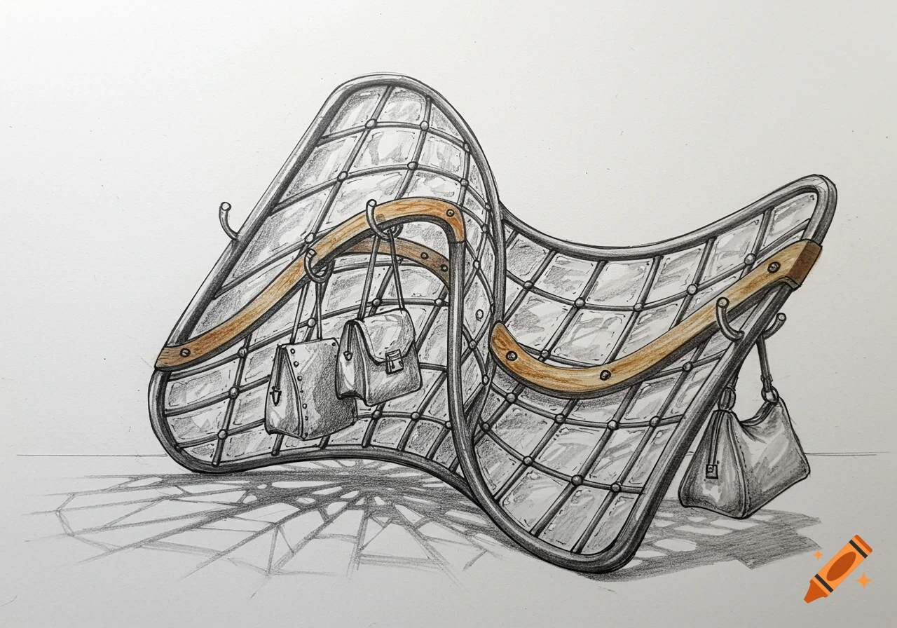 Pencil sketch of an abstract, wave-shaped bag holder with metal, glass-like tiles, and wooden rails, holding three handbags.