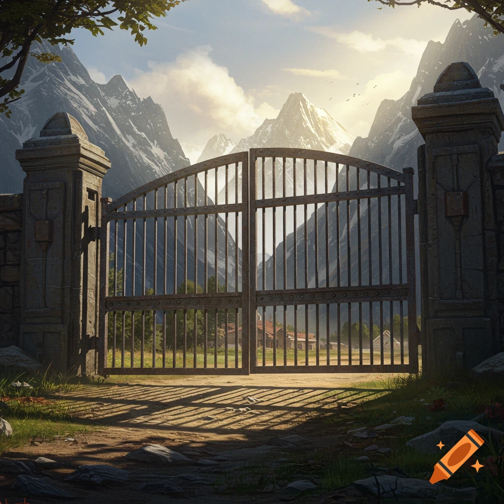 A large, weathered steel gate blocks a path to a small town nestled among huge, sunlit, snow-capped mountains. Photorealistic.