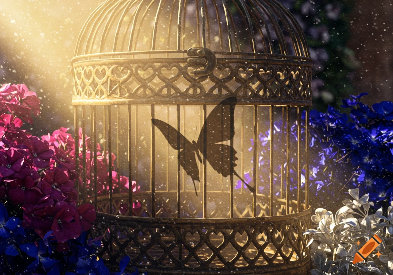 A butterfly's shadow is cast inside an ornate golden birdcage surrounded by vibrant pink and blue flowers under warm sunbeams.