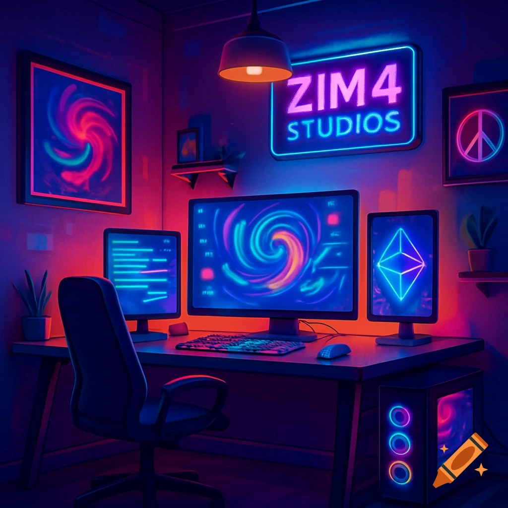 A neon-lit computer gaming setup with multiple monitors, a keyboard, mouse, and a PC tower, featuring 'ZIM4 STUDIOS' on a wall sign.