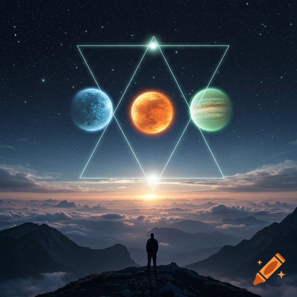 A lone figure on a mountain peak gazes at three glowing planets in a geometric triangle against a starry sky and cloudy sunrise.