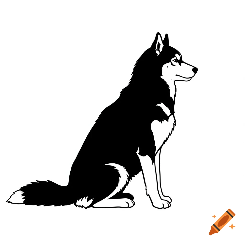 A black and white stylized illustration of a Siberian husky sitting in profile, looking right.