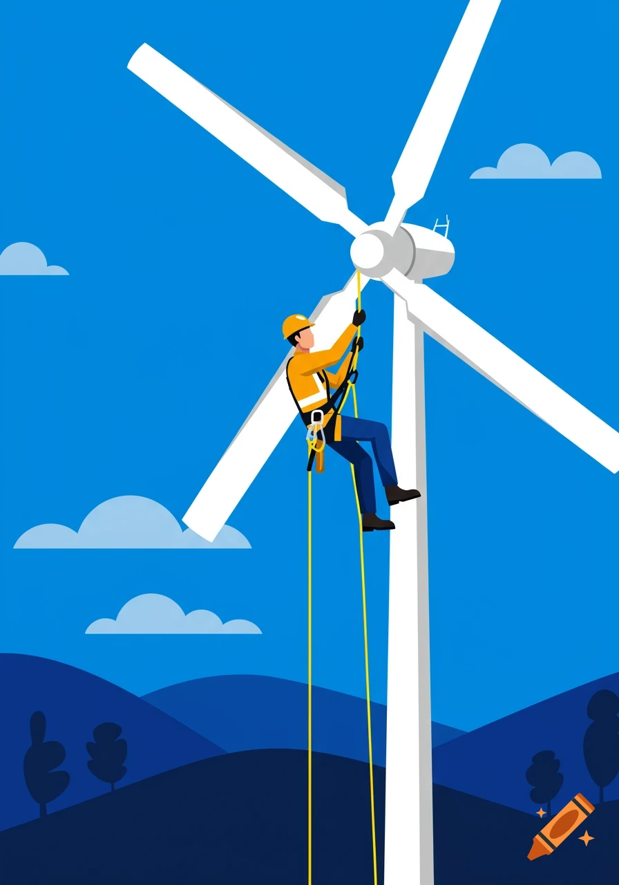 An illustration of a worker in a yellow hard hat and orange shirt rappelling down a large white wind turbine against a blue sky with hills.