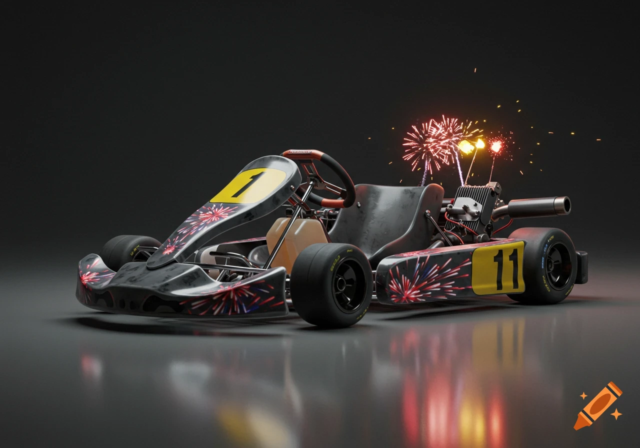 A black go-kart with red and blue firework patterns, numbers '1' and '11', and small fireworks erupting from its engine, on a reflective dark surface.